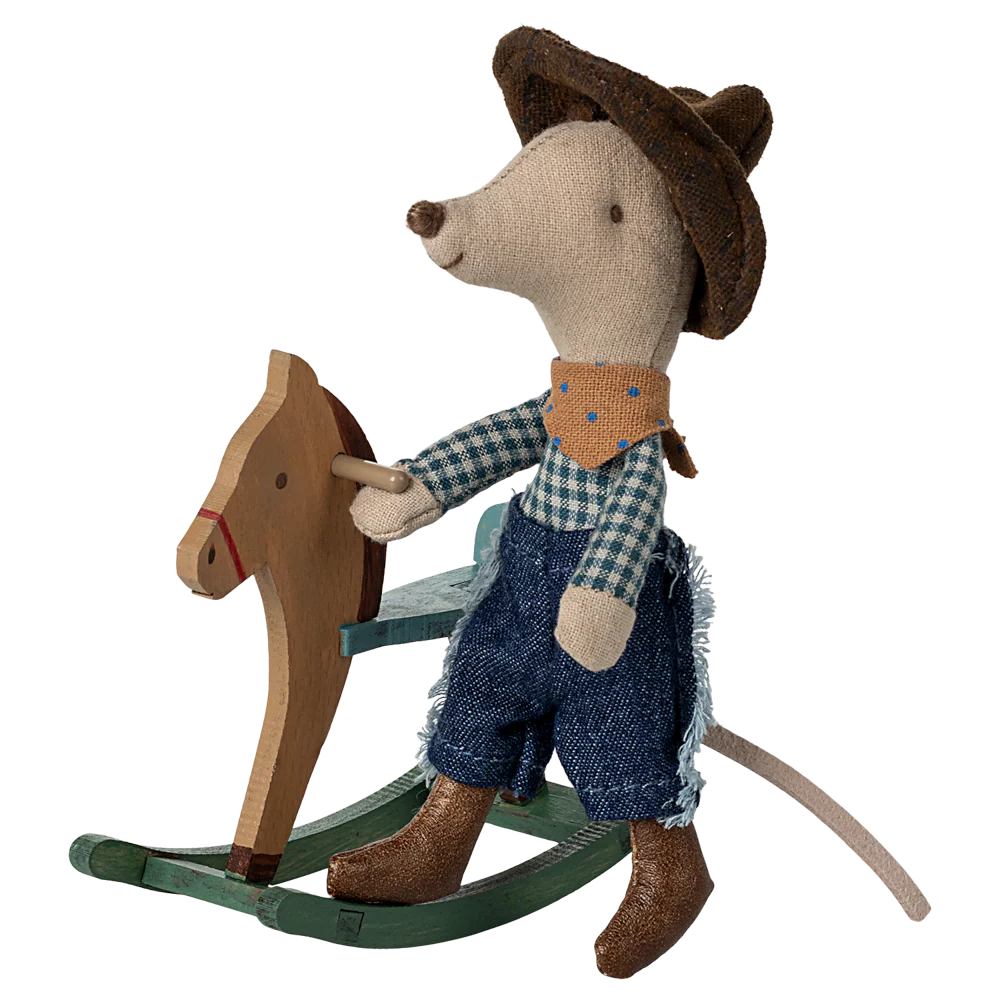 Maileg Cowboy Maus auf Schaukelpferd, kleiner Bruder