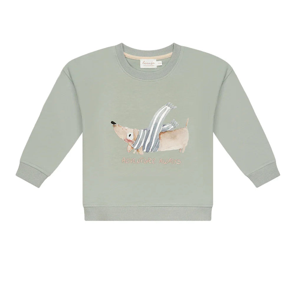 Leevje Unisex Oversized Sweatshirt Dackel „adventure awaits“ – soft green