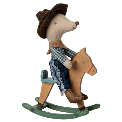 Maileg Cowboy Maus auf Schaukelpferd, kleiner Bruder