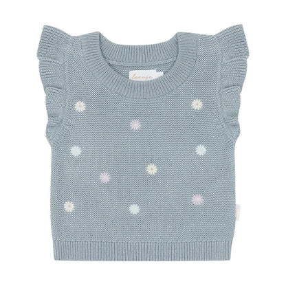 Leevje Stricktop mit Volantärmeln und floraler Stickerei